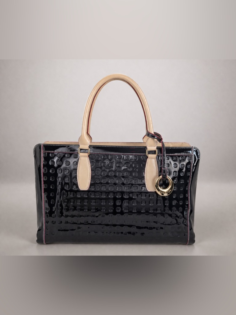 Arcadia Italian Patent Leather Satchel Black Embossed Luxury Tote w/ Charm